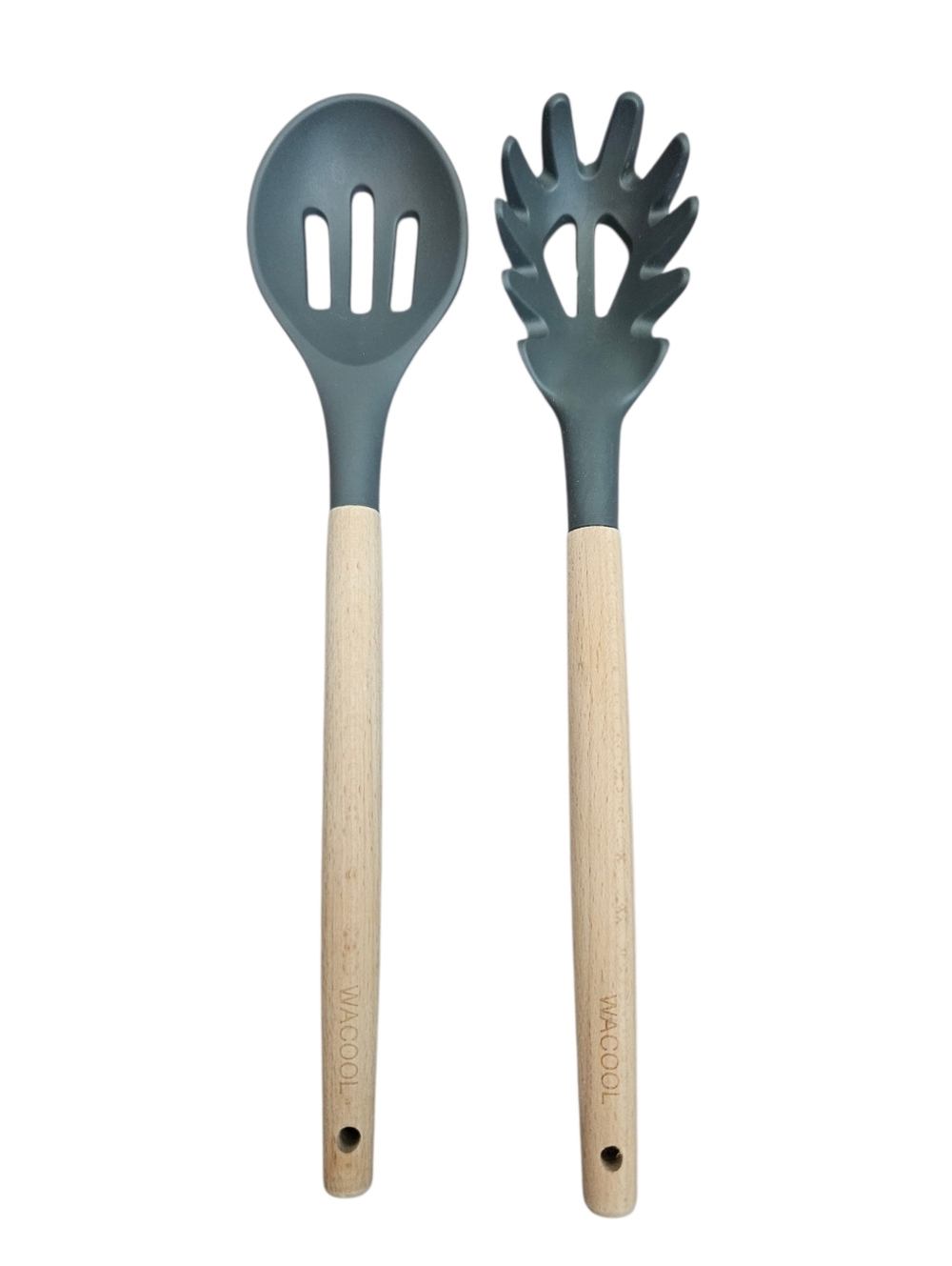 Wacool Charcoal Gray Silicone Slotted Spoon & Spaghetti Server Wooden Handles